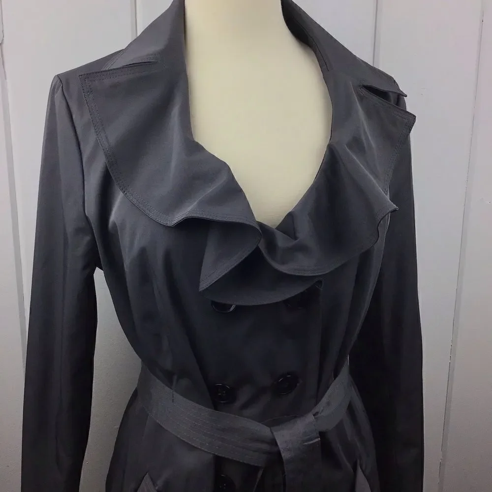Sandro Dark Gray Ruffled Collar Belted Trench L‎ - Picture 3 of 7